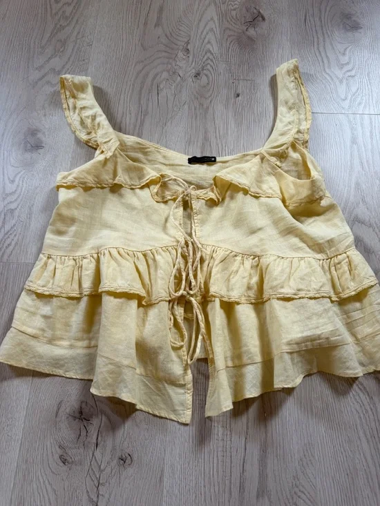 Zara Linen Lace Trim Ruffled Top In Light Yellow Sz. M - Picture 5 of 6